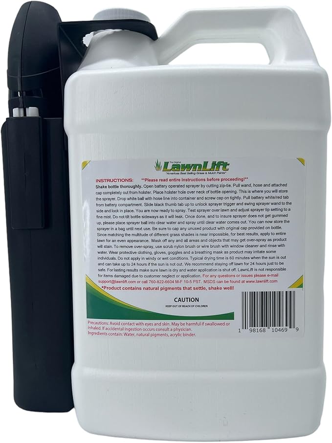 LawnLift 1-gallon ready to use grass paint, shake and spray pro with electric sprayer wand. No more messy mixing. Instantly transform your lawn.