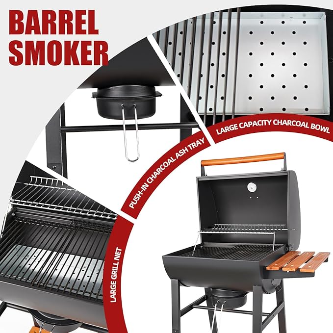 Charcoal Grill with Temperature Gauge - Large Outdoor Barrel Barbecue Grill with SideTable, 406 sq in Cooking Space for 6-10 People, ldeal for Camping and Backyard BBQ