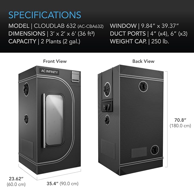 AC Infinity CLOUDLAB 632, Advance Grow Tent 3x2, Thickest 1" Poles, 2000D Mylar Canvas, Lab-Tested Highest Reflectivity, Largest Zipper Window, Controller Mount Plate, 36" x 24" x 72" Indoor Growing