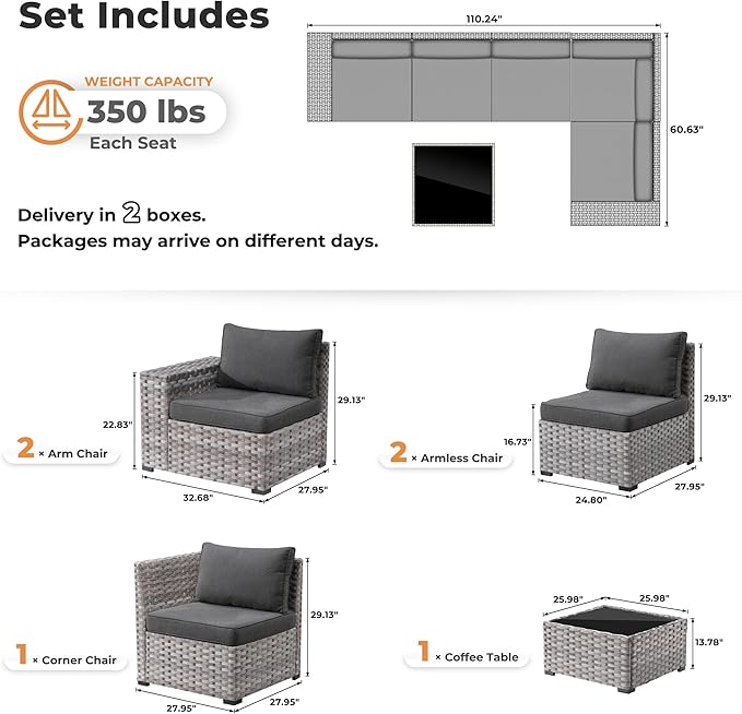 ovios 6 Pieces Patio Furniture Set, Outdoor Wicker Sectional Sofa with Glass Table Comfy Cushions, Modern Modular Deep Seat Couch Rattan Conversation Set, Black