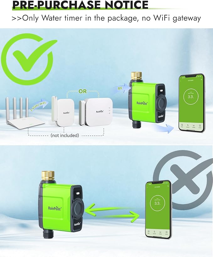 RAINPOINT WiFi Water Timer for Garden Hose, Brass Inlet WiFi Sprinkler Controller, Smart Hose Timer Valve, Automatic Drip Irrigation System/Rain Delay for Garden/Lawn/Yard (No Gateway)