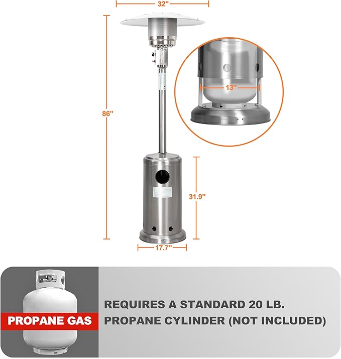 Nuu Garden Outdoor Propane Patio Heater, 46,000 BTU with Stainless Steel Burner and Wheels, Silver for Garden and Terrace