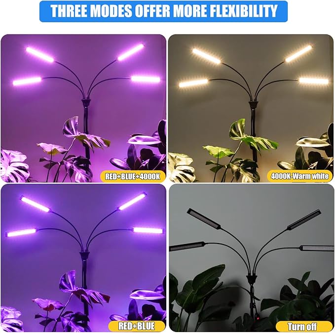Grow Lights for Indoor Plants 4 Heads, Full Spectrum Plant Lights for Indoor Growing with Tripod Stand, Auto On/Off Timing 3/6/9/12/15/18H, LED Grow Lights for Indoor Plants. (4 Wide Heads)