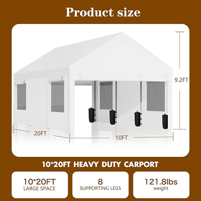 Nuturelly 10x20 FT Carport,Heavy Duty Carport Canopy with Roll-up Windows, Portable Garage with Removable Sidewalls & Doors, Car Canopy with All-Season PE Tarp for Car, Truck, Boat(White)