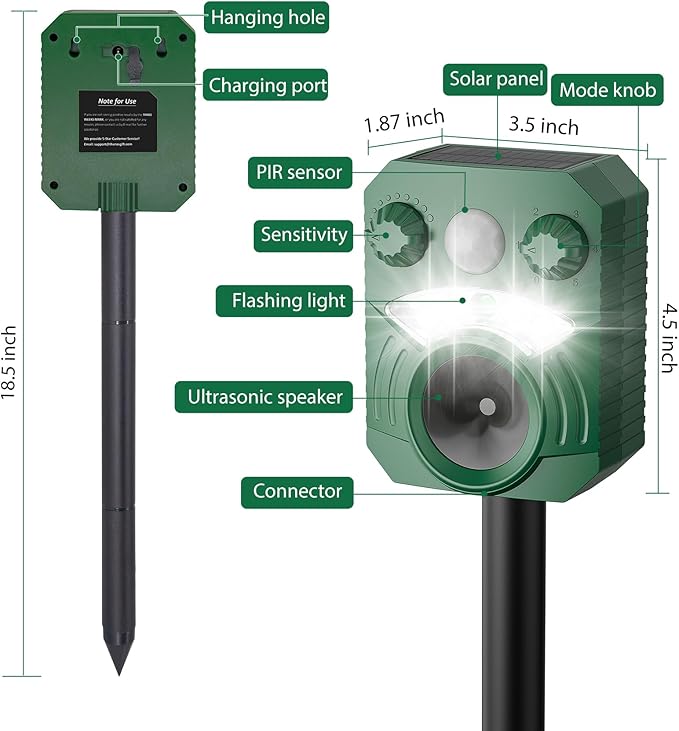 1 Pack Solar Deer Cat Repellent Device Outdoor Bird Squirrel Deterrent with Motion Activated Sensor Ultrasonic Flashing Light to Scare Rats Chipmunk Raccoon Away from Yard Lawn - Waterproof