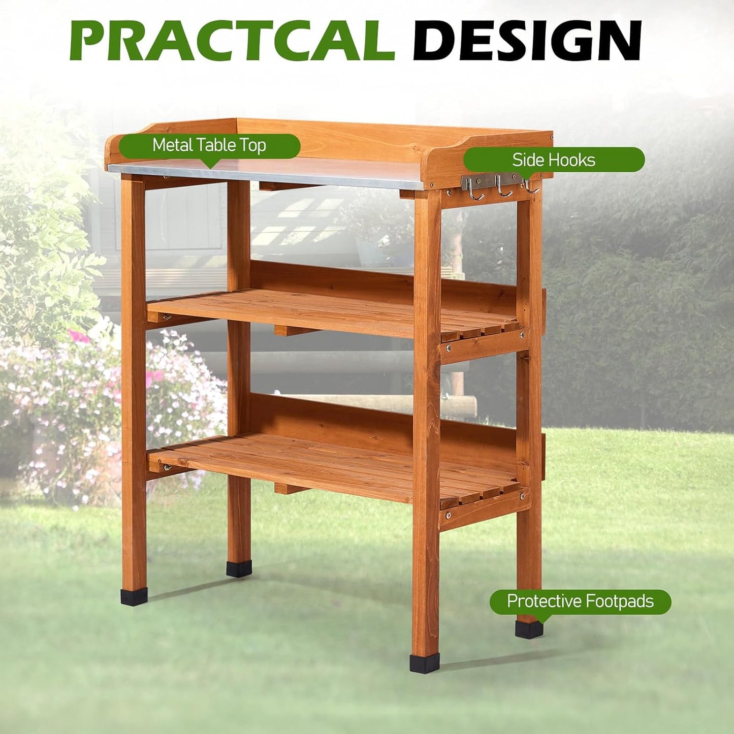 Outdoor Potting Bench Garden Work Station, Solid Wood Planting Table w/Sink Drawer Shelves,Metal Top, Folding Patio Furniture for Porch Balcony (29.1 x 14.2 x 35.6(Orange Yellow))