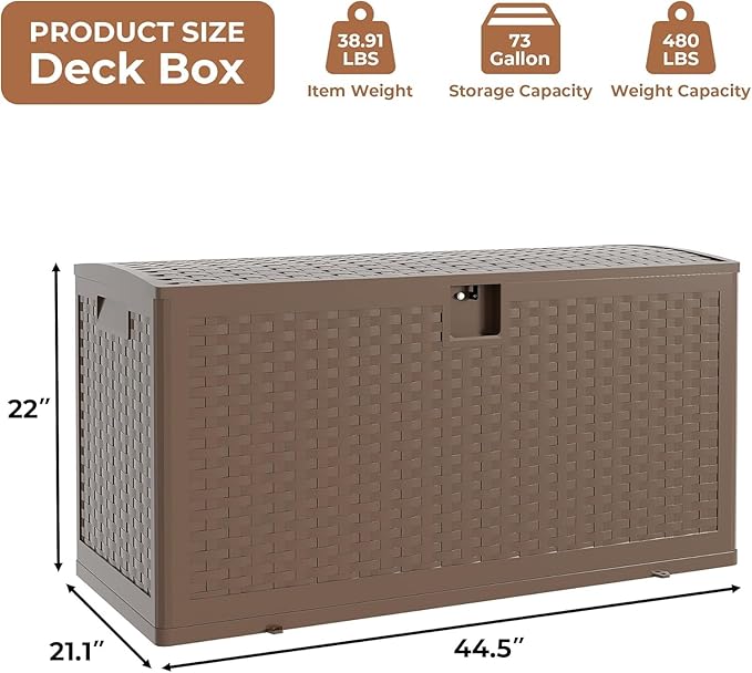 73-gallon outdoor waterproof storage box Lockable outdoor storage box Resin box for parcel delivery Suitable for storing balcony furniture, garden tools, toys - Brown wood grain finish