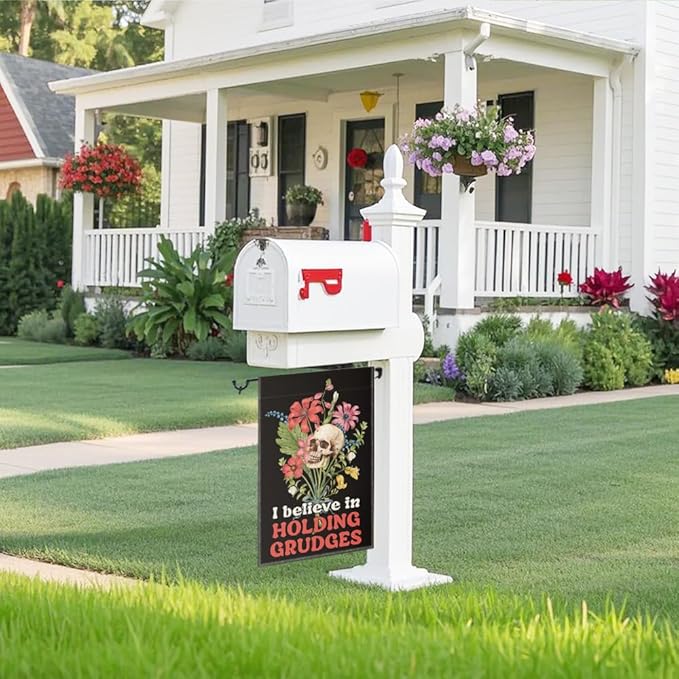 I Believe In Holding Grudges Garden Flag, Funny Floral Skull Halloween Yard Sign for Outside, Sarcastic Skeleton Halloween Decor for Ourdoor Lawn Porch, Inclusive Equality Liberal Fall Banner