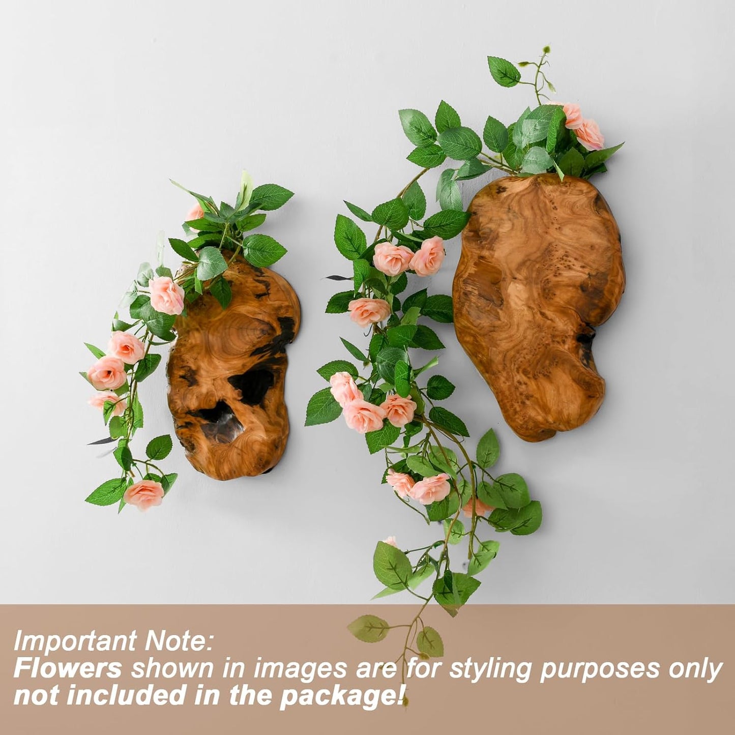 JOLLYMER 2-Pack Cedar Wood Live Edge Wall Vases – Natural Edge Hanging Flower Vase, Organic Root Carved, Rustic Home Décor, Handcrafted Wall Mounted Wooden Vase (Flowers Not Included)