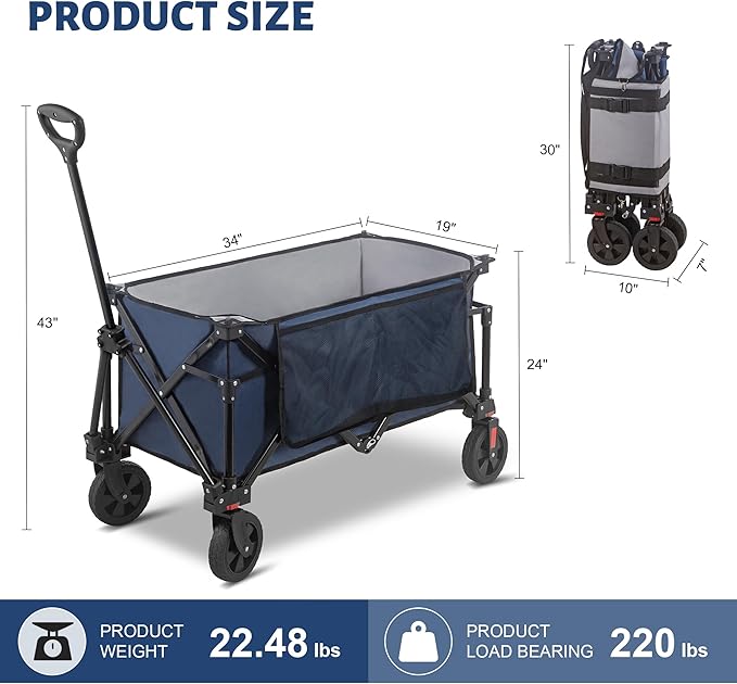 Collapsible Folding Wagon Cart, 220LBS Heavy Duty Foldable Utility Garden Cart with All Terrain Wheels & Side Storage Bag, Portable Sports Wagon for Camping, Shopping, Garden.(Blue)