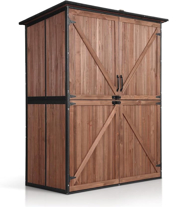 Aivituvin Shed Outdoor Storage Cabinet with Durable Metal Frame Waterproof Garden Tool Storage with Adjustable Shevels and Floor for Backyard Garden Patio Lawn, 55" L, Dark Brown