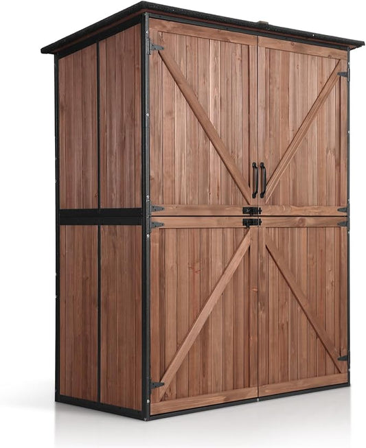 Aivituvin Shed Outdoor Storage Cabinet with Durable Metal Frame Waterproof Garden Tool Storage with Adjustable Shevels and Floor for Backyard Garden Patio Lawn, 55" L, Dark Brown