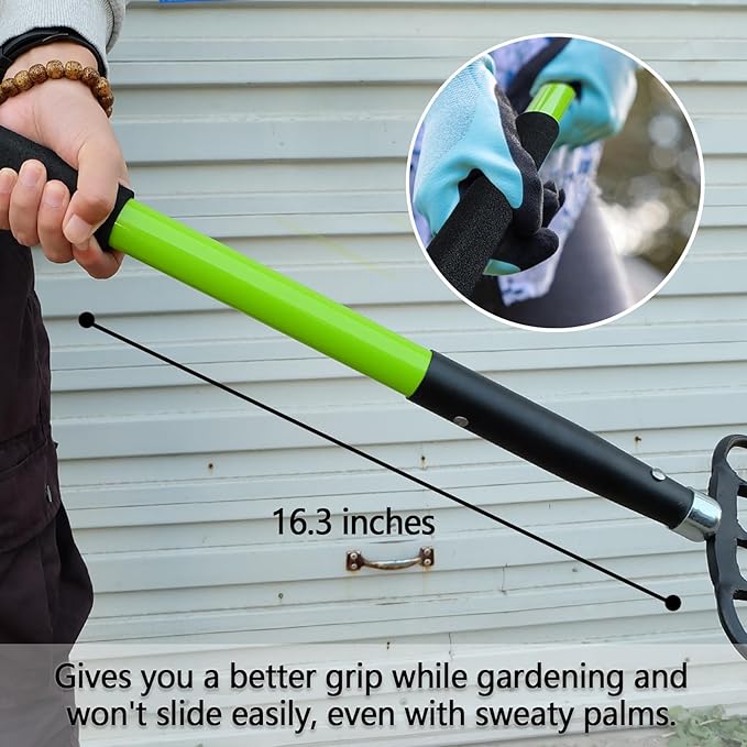 Pitch Fork-57 Inch，5-Tine Steel Garden Fork Heavy Duty, Mulch with Cushion Grip, Green Fiberglass Handle