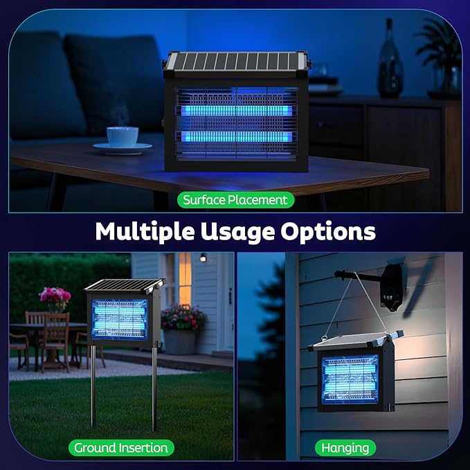 Solar Bug Zapper Outdoor, Mosquito Zapper Waterproof Electric Fly Zapper Rechargeable Mosquito Killer Lamp with 10W Solar Panel, 4500V Cordless Fly Trap for Backyard, Patio, Garden, RV, Camping