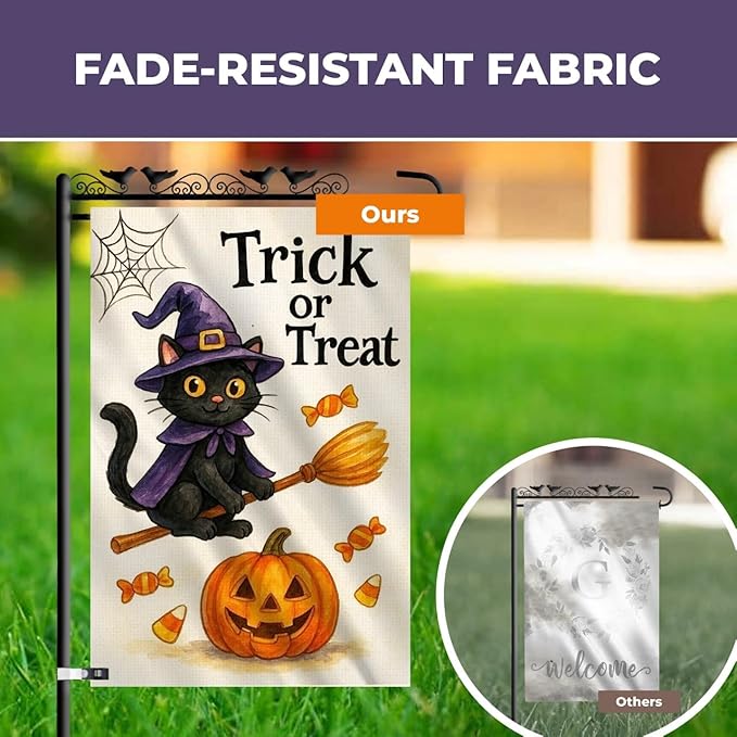 Halloween Garden Flag 12x18 – Trick or Treat Black Cat & Pumpkin with Broom Stick & Spiderweb – Double Sided Burlap Halloween Flags for Outside, Fits Garden Flag Poles