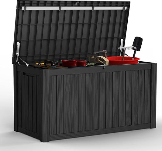 Mars Villa Deck Box, Waterproof and Weatherproof Large Resin Storage Bin with Lockable Lid, Ideal for, Outdoor, Patio Furniture Cushions, Pool Supplies, Garden Tools (150 Gallon, Black)