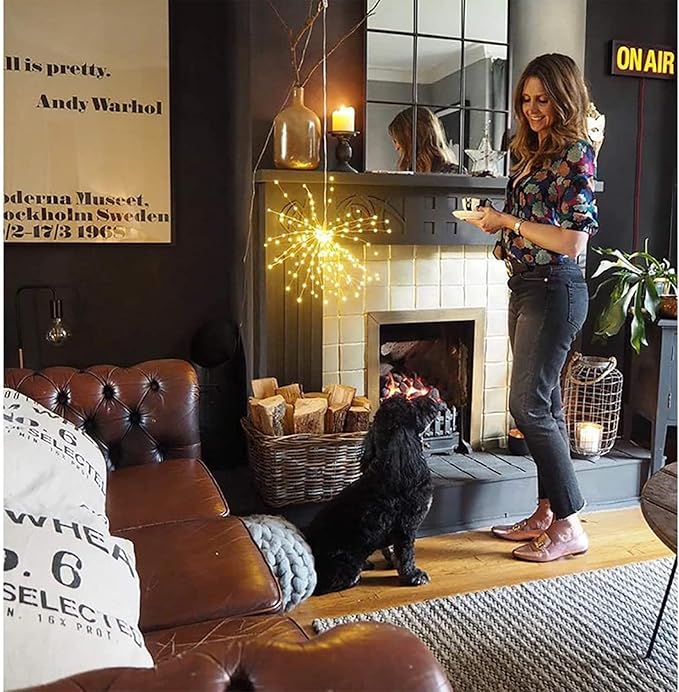 Solar Starburst Sphere Lights,200 LED Firework Light, 8 Modes Dimmable Waterproof Hanging Fairy Light, Copper Wire Lights for Patio Tent Parties Christmas -NO Remote (Warm White)