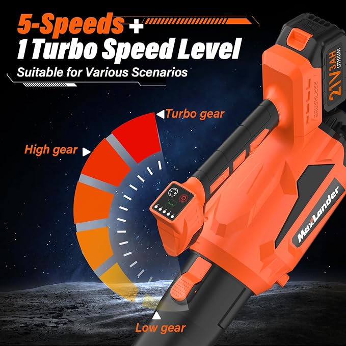MAXLANDER Leaf Blower Cordless, Electric Cordless Leaf Blower with 2pcs 3.0Ah Batteries and 1 Charger, 600CFM & 200MPH, and 5 Speed Mode, for Patio Cleaning, Lawn Care, Blowing Fallen Leaves and Dust