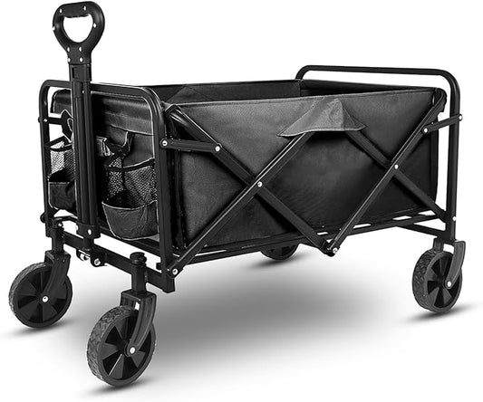 Yesker Foldable Wagon - 220lbs Collapsible Garden Carts with All Terrain Wheels for Outdoor Camping Sports Shopping Gardening - Heavy Duty Portable Utility Trolley (Black)