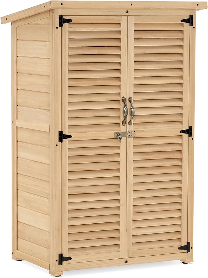MCombo Outdoor Storage Cabinet, Wooden Storage Shed with Latch, Outside Garden Tool Shed with 2 Doors for Patio Yard Lawn, 0709 (Natural, Small)