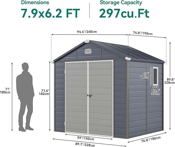 YITAHOME 8x6.2FT Outdoor Storage Shed w/o Floor, All-Weather Plastic Shed with Lockable Doors, Window & Vents, Plastic Tool Shed for Backyard, Patio, Poolside, Lawn, Gray