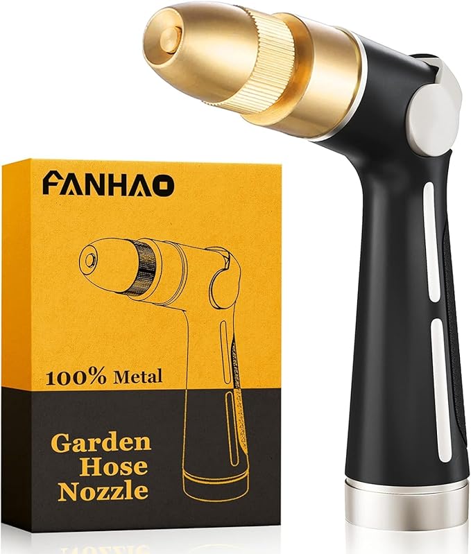 FANHAO Garden Hose Nozzle with High Pressure Jet, 100% Heavy Duty Metal Water Hose Sprayer, Thumb Flow Control, On Off Valve, Adjustable Spray Patterns for Garden Watering, Car and Pet Washing