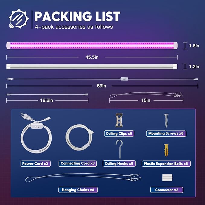 FREELICHT 4 Pack 4FT LED Grow Light, 40W (250W Equivalent), Red Blue (660nm+460nm) Full Spectrum Grow Light for Indoor Plants, Linkable Plug in Plant Growing Lamps for Hydroponic Seeding Veg Flower