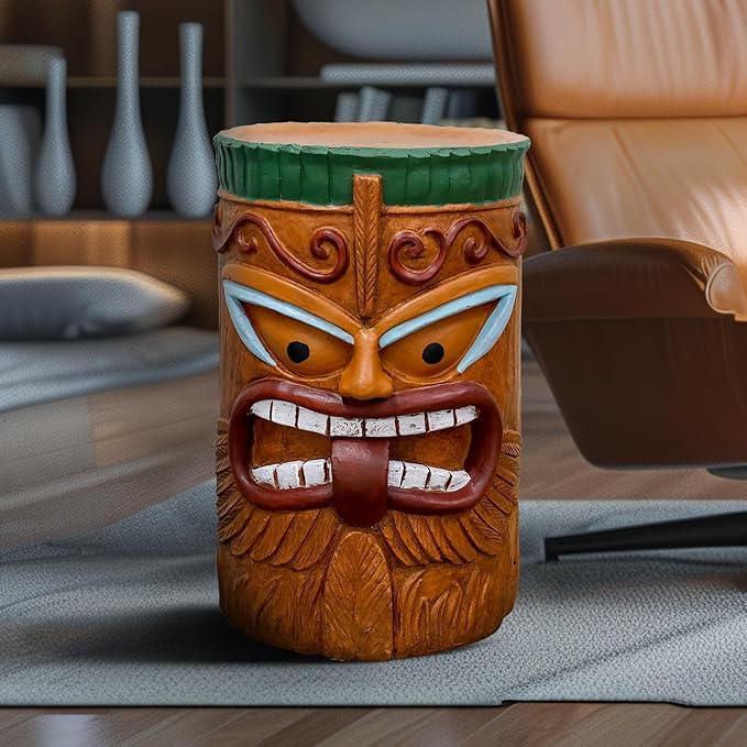 SKYFIRE Decorative Side Table - The Grande Tiki Face Kanaloa Teeth Indoor Sculptures Home Decor Tiki Statues Outdoor for Garden, Patio, Yard, Bar, Office, House Decor -20" H Concrete Stool End Table