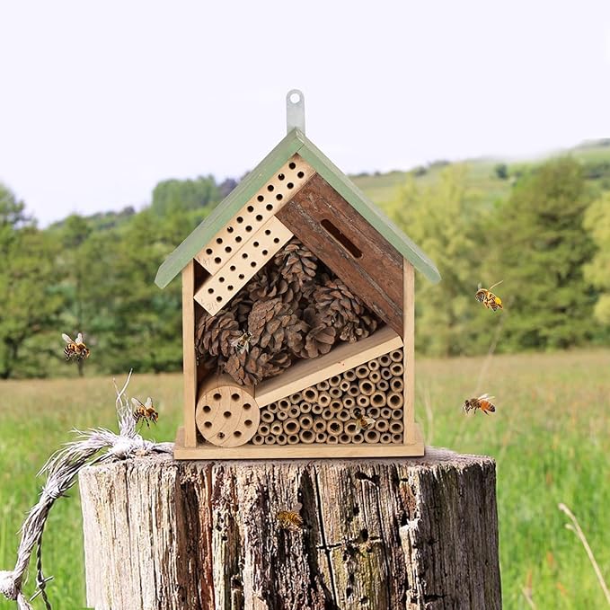 Wooden Multi Habitat Insect House Outdoor Garden Decorative Wooden Insect Hotels for Bee, Butterfly and Beetle Tree of Life Light Green Bee House