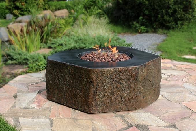 Elementi | Columbia Gas Fire Pit Cast Concrete Semi-Round Fire Table, Outdoor Fire Pit Electronic Ignition | Canvas Cover, Lava Rock Included | Natural Gas