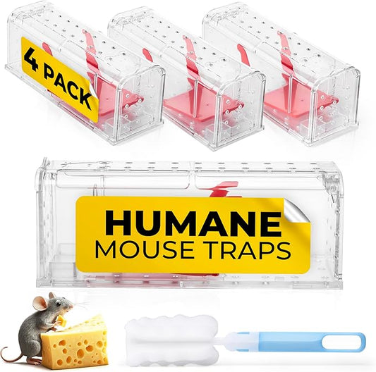 Humane Mouse Trap Pack of 4 - No Kill - Live Mouse Traps Indoor for Home Use - Reusable Rodent Traps for House Indoor, Safe & Effective Rat Trap Outdoor - Humane Mice Control with Cleaning Brush