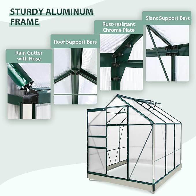 EAGLE PEAK 6x6x7 Outdoor Walk-in Hobby Greenhouse with Adjustable Roof Vent, Rain Gutter, Base and Anchor, Polycarbonate Aluminum Green House for Backyard Garden, Dark Green