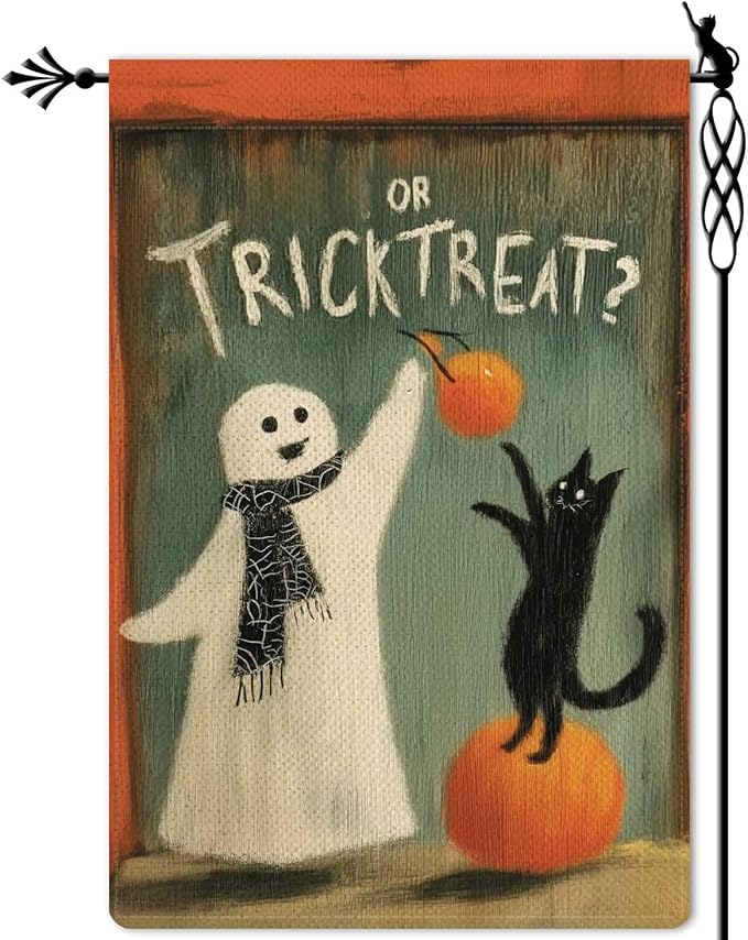 Trick or Treat Garden Flag Ghost Teasing Black Cat Holiday Garden Flag Pumpkins Vertical Double Sided Rustic Farmland Burlap Yard Lawn Outdoor Decor 12.5x18"