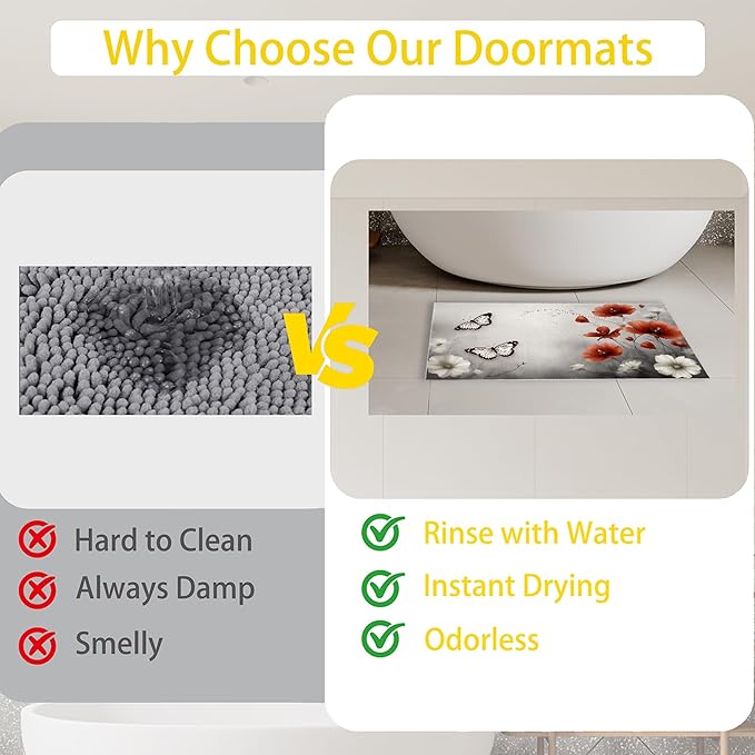 Red Poppy Flower Welcome Mat Indoor,Vintage Butterfly Floral Front Door Mat,Non-Slip Entryway Rug, Low Profile Felt Indoor Doormat for Back Door Porch Patio Entrance,30 x 17 Inch