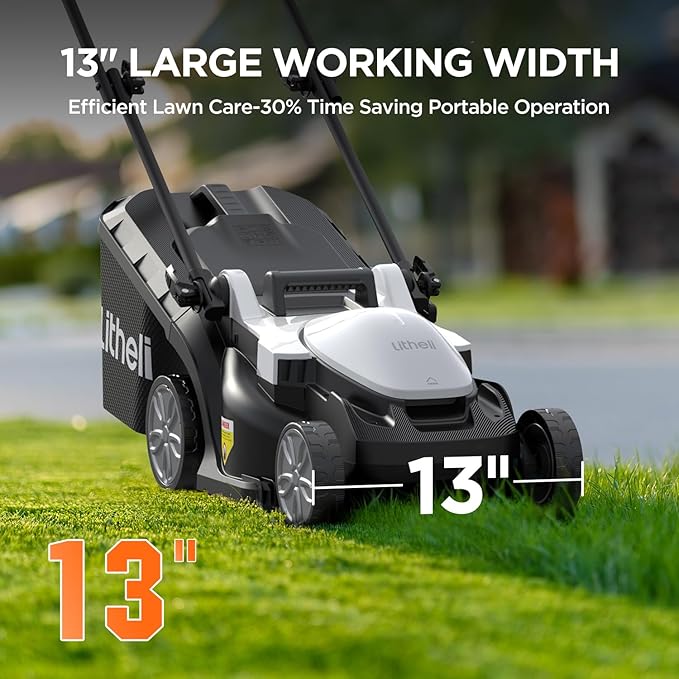 Litheli Electric Lawn Mower Cordless,Grass Cutter Machine for 1600 Sq.Ft.Lawnmower with Brushless Motor,13.1“ Cutting Width,8 Gallon Capacity,Cutting Height from 1 to 2.5 in（Without Battery）