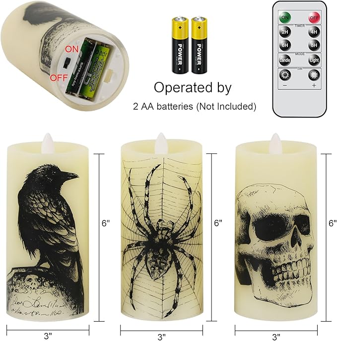 Eldnacele Halloween Flickering Candles with Skull, Spider Web, Crow, Raven Decals, Set of 3 Flat Wick Battery Operated Halloween Themed LED Candles with Remote Timer Spooky Decor