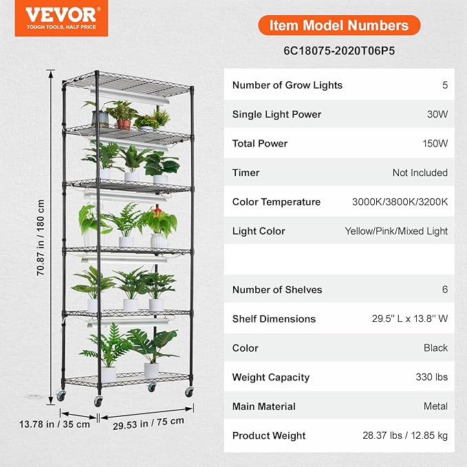 VEVOR Plant Stand with Grow Light, 6-Tier Large Tall Plant Shelf with 150W Full Spectrum Grow Light, 3 Mode LED Plant Light with Timer and Wheel for Seed Starting 29.5" L x 13.8" W x 70.9" H