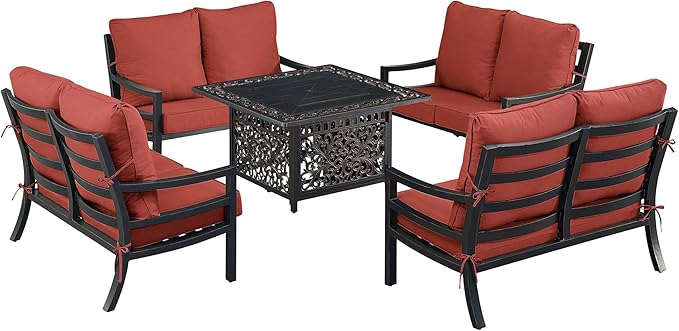 Oakland Living Black Aluminum Patio Fire Table Set with Four Deep Seating Loveseat with Cushions with Red Cushions