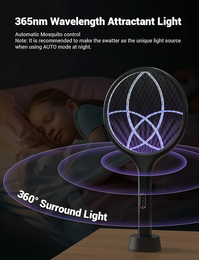 YISSVIC Electric Fly Swatter Bug Zapper Racket Dual Modes Mosquito Killer with Purple Mosquito Light Rechargeable for Indoor Home Office Backyard Patio Camping