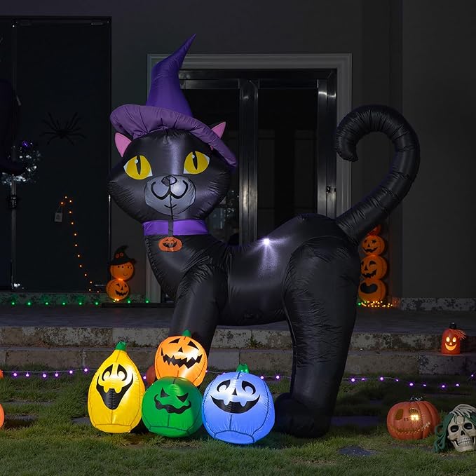 6FT Halloween Inflatable Black Cat with Witch Hat and 4 Colorful Pumpkins, Cute Blow Up Yard Decoration with LED Lights for Lawn, Garden, Balcony, Outdoor Holiday Party Events