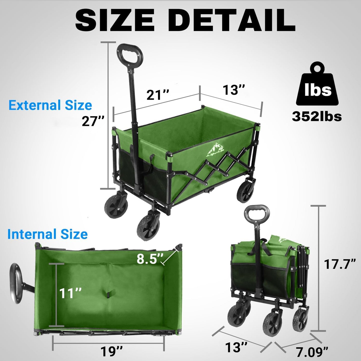 Collapsible Wagon 352LBS Capacity, Foldable Large Carts, Heavy Duty Outdoor Folding Cart with All-Terrain Wheels, Utility Garden Beach Wagon with Storage Bag Green