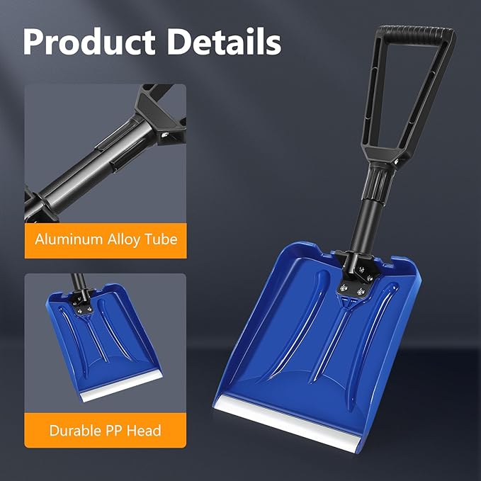 SHANTRA Folding Snow Shovel with Aluminum Edge, D-Grip Portable Shovel for Snow Removal, Lightweight Emergency Snow Shovel, Multifunctional Collapsible Shovel, Shovel For Car Driveway, Garden, Camping