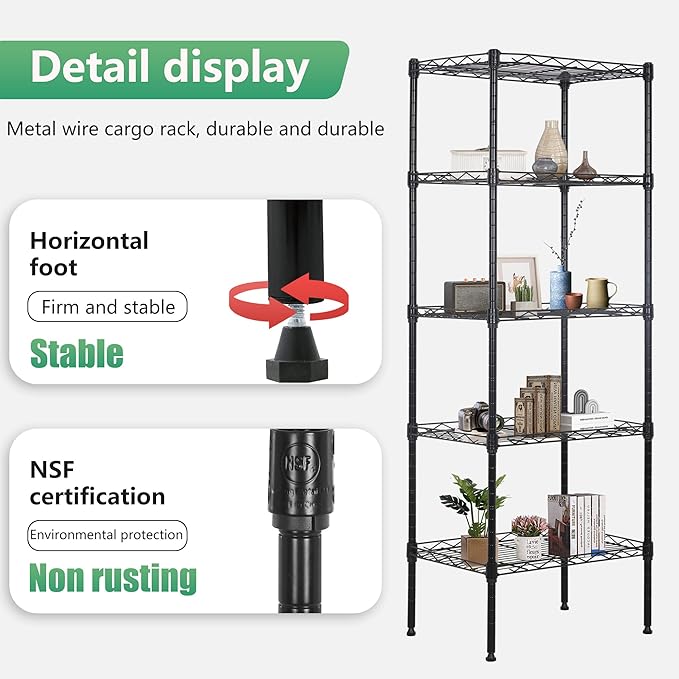 FDW 17L x 12W x 48H Wire Shelving 5 Tier Adjustable Metal Shelves NSF Pantry Shelves Storage Rack Shelving Units for Kitchen Garage Small Places Commercial,Black