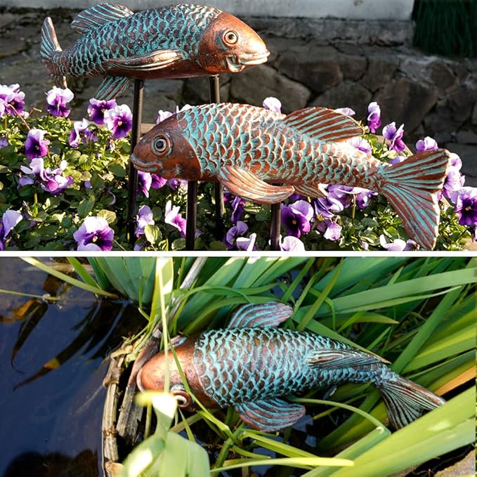 Set of 2 Antique Koi Fish Statue, Outdoor Garden Sculpture for Patio, Backyard, Pond, and Home Decor