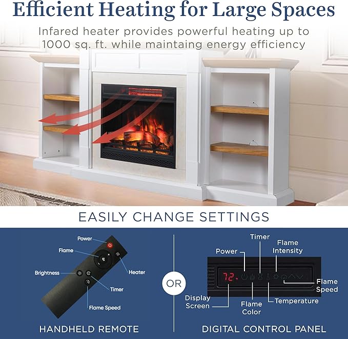 Country Living Belhaven 74 Inch Bookcase Mantel Package | 23 Inch Electric Fireplace Insert Heater with Remote | Warm Walnut Shelving | Marble or White Trim | Multi-Color Flames