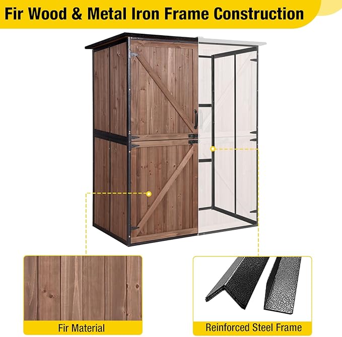 Aivituvin Outdoor Storage Shed with Floor, Garden Tool House with Metal Frame Structure, Large Wooden Cabinet with Adjustable Shelves for Backyard Garden Patio (Dark Brown)