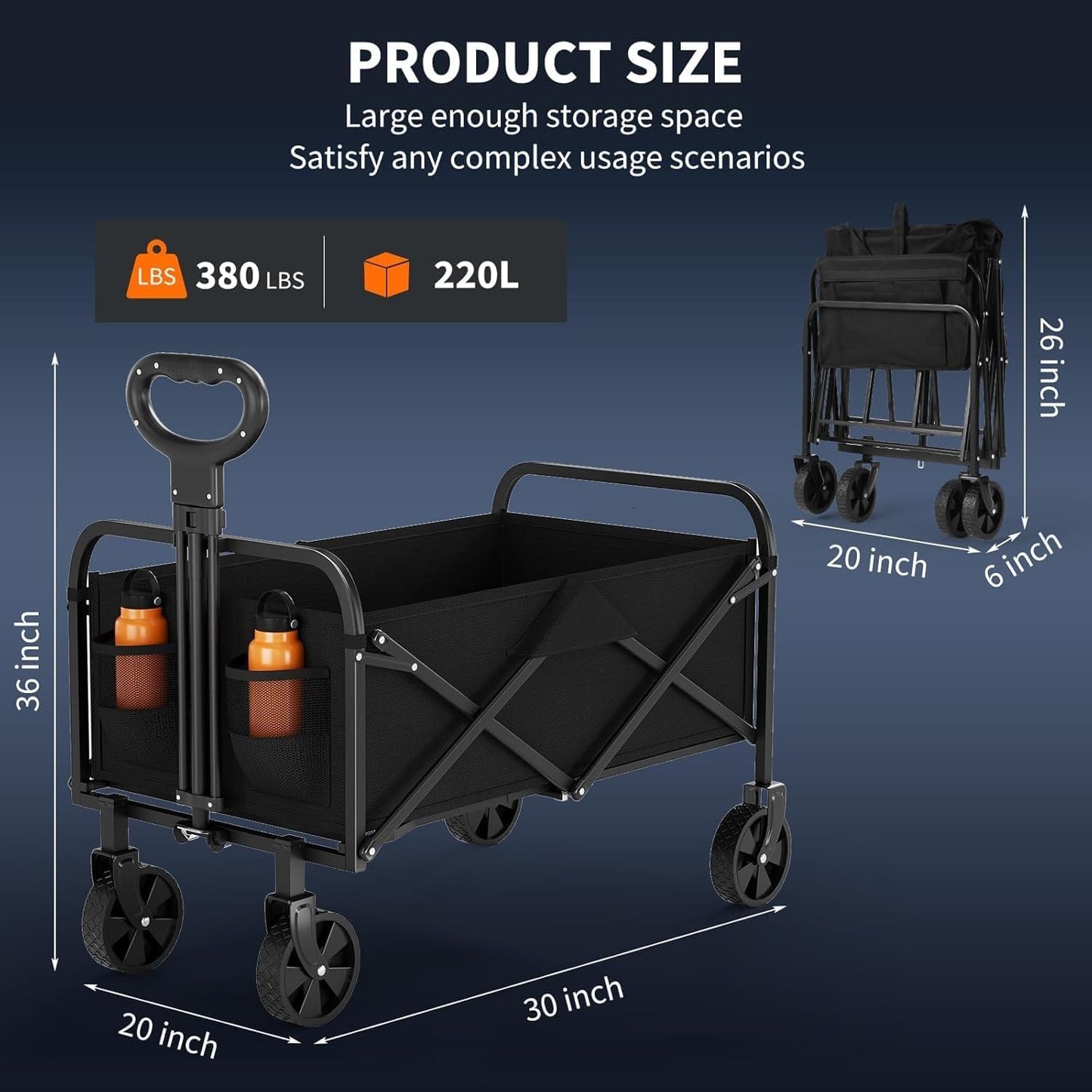 Foldable Wagon Cart, 380LBS Capacity Collapsible Wagon with All-Terrain Wheels, 220L Foldable Utility Cart & Grocery Cart on Wheels, Portable Lightweight 12LBS for Outdoor, Beach, Garden (Black)