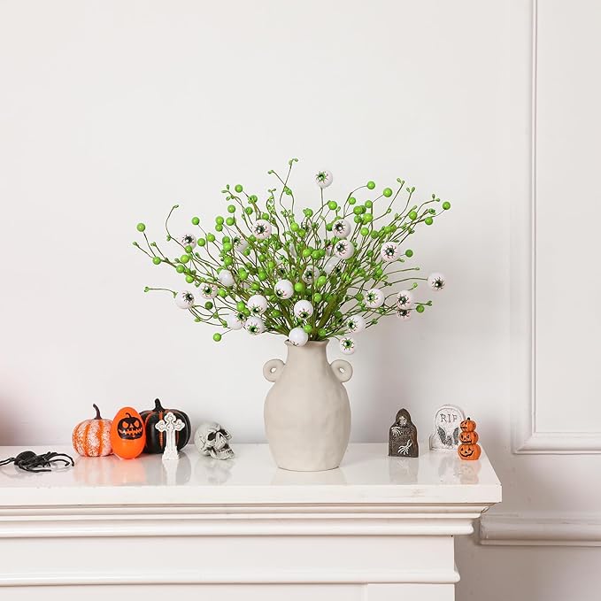 8 Pack Halloween Eyeball Picks Artificial Berry Stems Hlalloween Flowers with Fluorescent Eyeball Branches for Vase Filler, Table Centerpieces & Party Decor