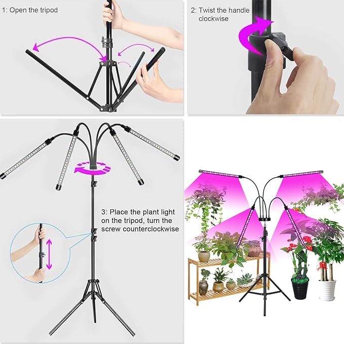Grow Lights with Stand,4 Goosenecks Floor Plant Light for Indoor Plants,10 Dimmable Levels & Auto On/Off Timer (3/9/12H Timer), Tripod Stand Plant Lamp Height Adjustable,Red and Blue Light.