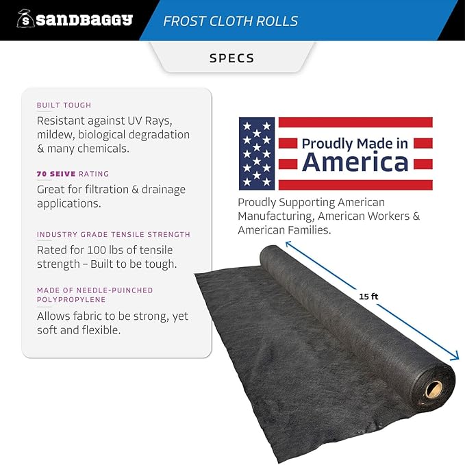Sandbaggy Frost Cloth Rolls (15 ft x 50 ft) | Winter Cover for Shrubs, Trees, Gardens | Plant Blanket, Freeze Protection | Black, 4 oz Polypropylene (1 roll)